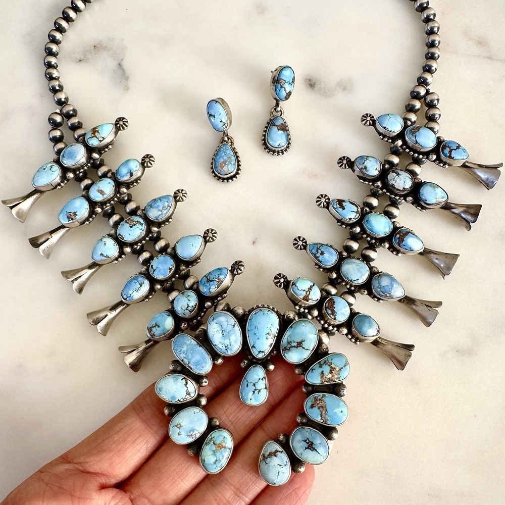 Navajo Squash Blossom Necklace Golden Hills Turquoise Signed Skeets Sterling - Picture 1 of 15